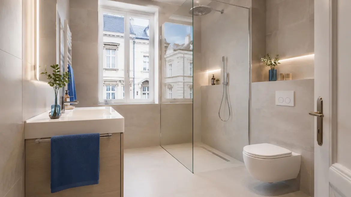 Modern umgebautes Badezimmer in Wien mit bodengleicher Dusche, neuer Vorwandinstallation und neuem Grundriss