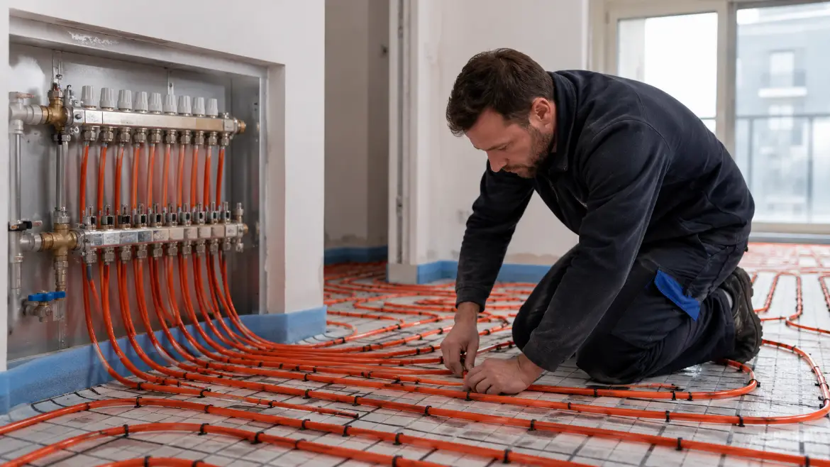 Installateur verlegt in einer Wiener Wohnung eine wassergeführte Fußbodenheizung, Heizrohre auf Systemplatten vor dem Verguss
