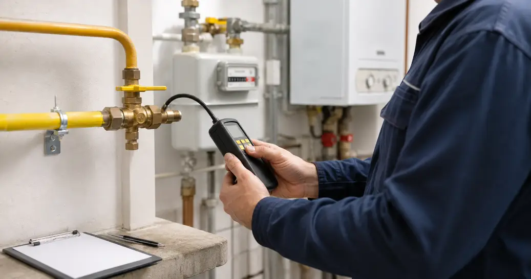 GK71-Überprüfung in Wien – Installateur prüft Gasleitung und Absperrhahn mit Messgerät auf Dichtheit